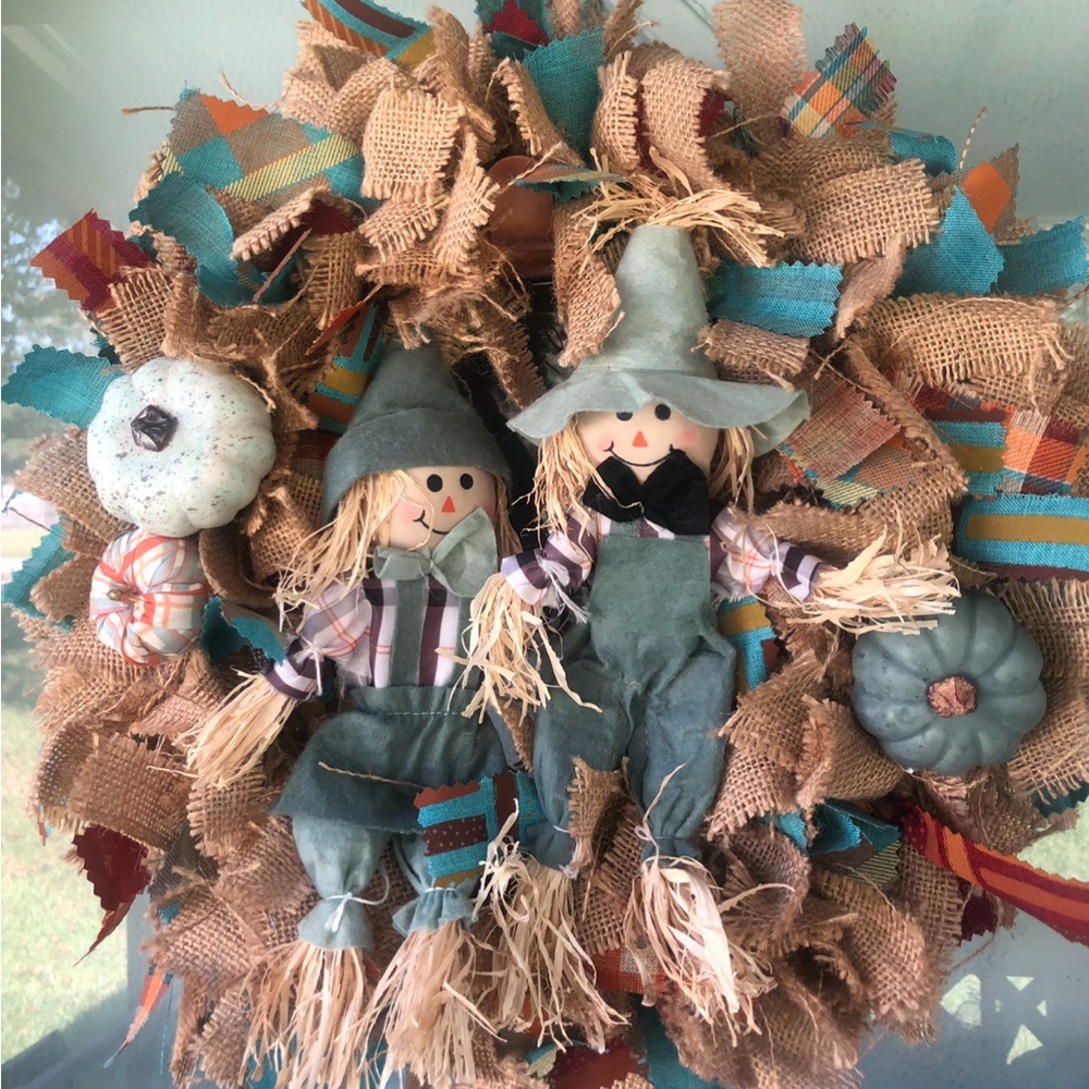 Cute burlap scarecrow couple rag wreath small. 16” diameter. 5” thick.